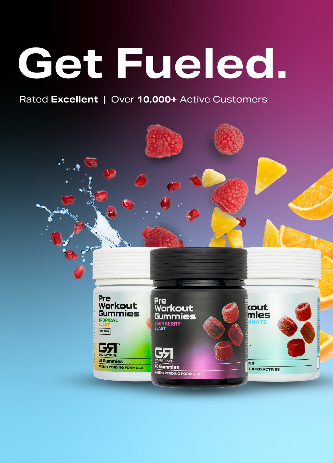 Supplement products with gummies on a colorful background, featuring GSI brand.